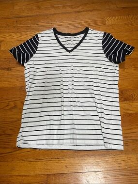 Lands' End Navy & White Striped V-Neck Tee